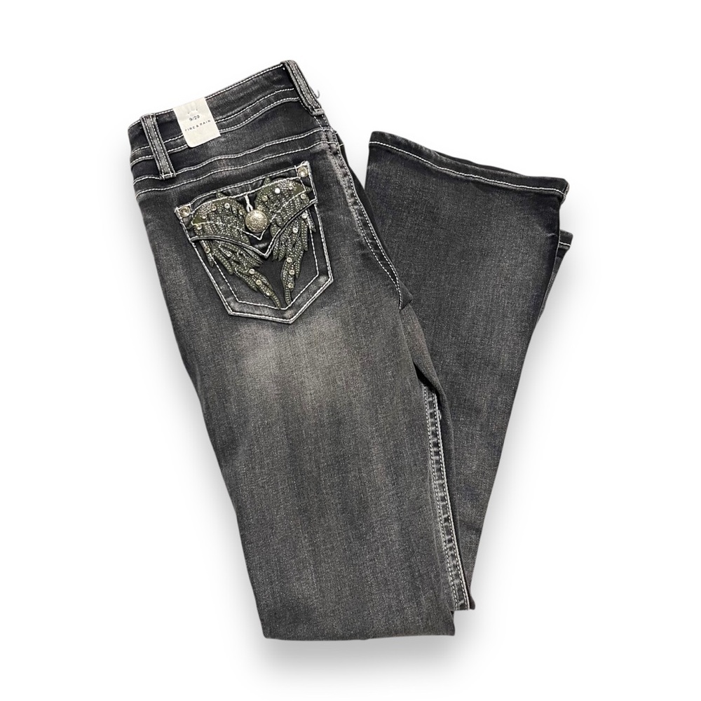 NWT Fire & Rain Gray Jeans Low Rise Angel Wings W Rhinestones Size 9/29